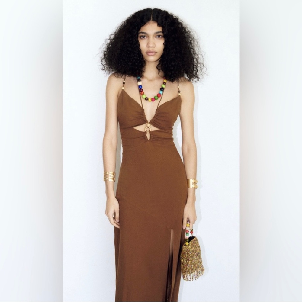 Zara Brown Cutout Midi Dress with Spaghetti Straps
